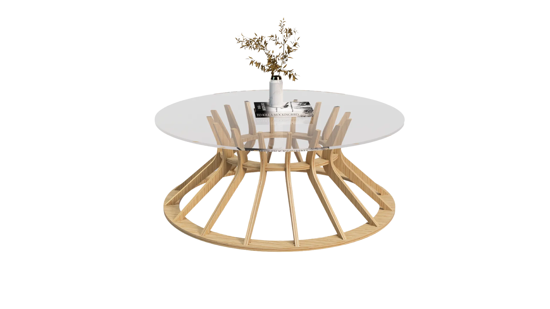 Mesa Catedral, com estrutura radial em compensado e tampo circular de vidro